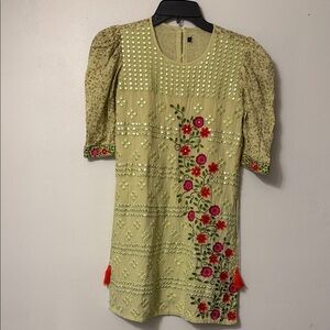 Embroidered Floral Dress with Puff Sleeves